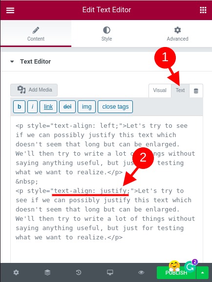 justify text in html code