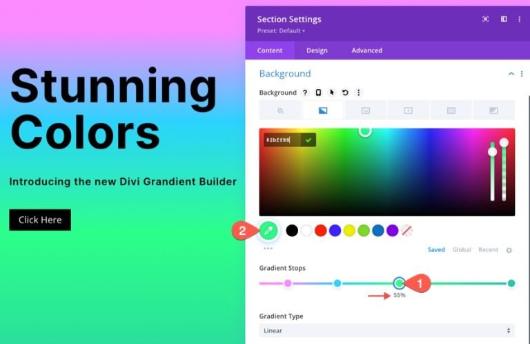 Blend các màu nền gradient của Divi với nhau để tạo ra hiệu ứng chuyển động đẹp mắt cho trang web của bạn. Hãy xem hình ảnh để có thêm ý tưởng.